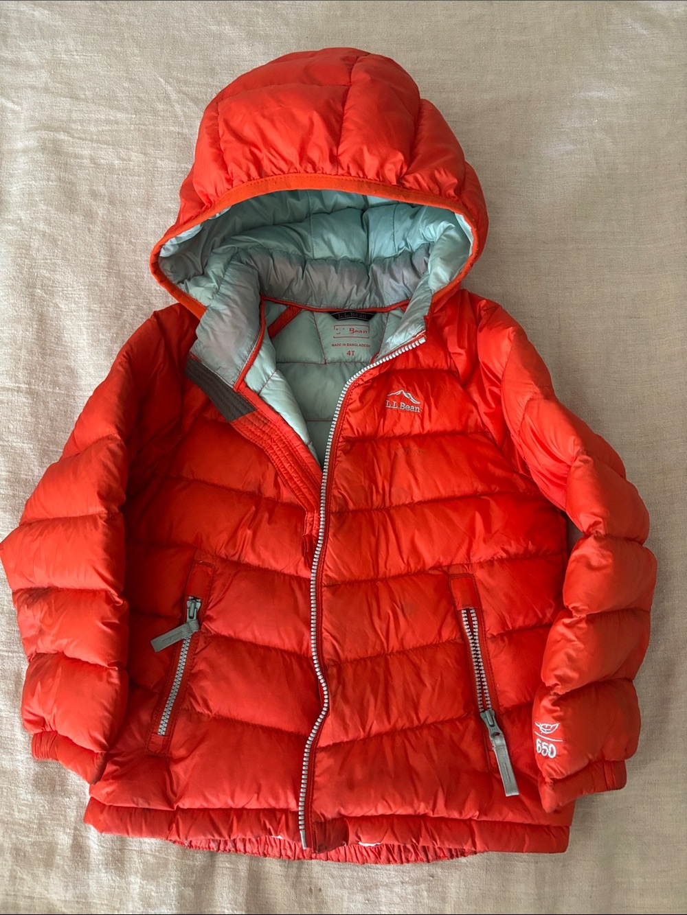 L.L. Bean ultralight down 650 orange Puffer Jacket with Light Blue Lining